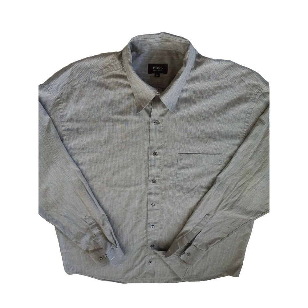 Boss Men's Long sleeved Buttons Up Shirt Size 44‎ Stripes Gray Polyester Spandex